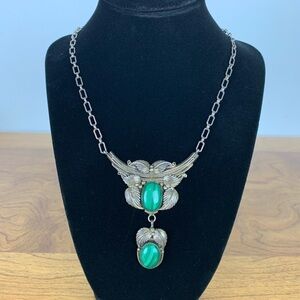 Sterling Silver Necklace Malachite Stones Botanical Stamped BL 925 Vintage